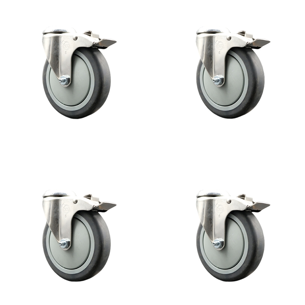 SCC-SS316BHTTL20S514-TPRB-4 Thermoplastic Rubber Swivel Bolt Hole Caster with 5 in. Caster Wheels - 316 Stainless Steel Casters - Set of 4