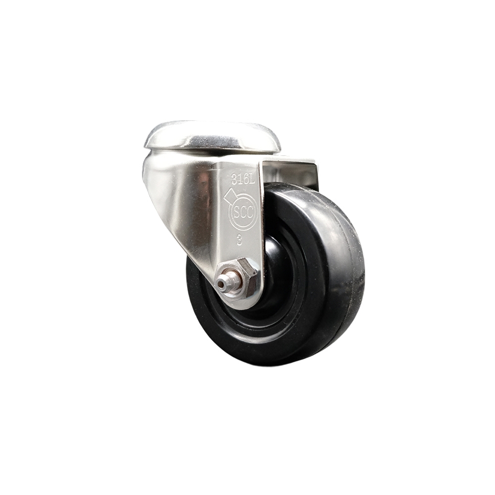 SCC-SS316BH20S314-SRS Soft Rubber Swivel Bolt Hole Caster with 3 in. Black Caster Wheel - 316 Stainless Steel Caster
