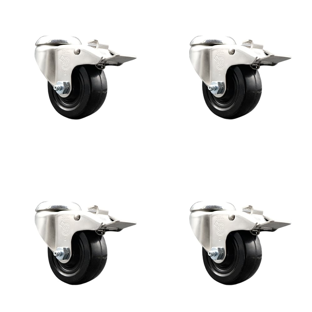 SCC-SS316BHTTL20S314-SRS-4 Soft Rubber Swivel Bolt Hole Caster with 3 in. Black Caster Wheels - 316 Stainless Steel Caster - Set of 4