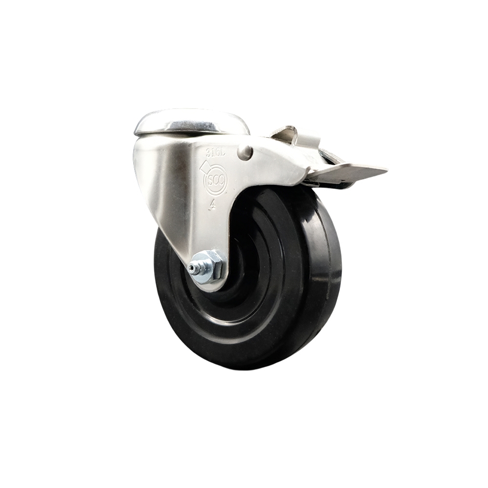SCC-SS316BHTTL20S414-SRS Soft Rubber Swivel Bolt Hole Caster with 4 in. Black Caster Wheel & Total Lock Brake - 316 Stainless Steel Caster