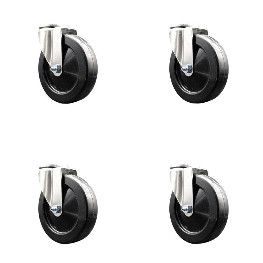 SCC-SS316BH20S514-SRS-4 Soft Rubber Swivel Bolt Hole Caster with 5 in. Black Caster Wheels - 316 Stainless Steel Casters - Set of 4