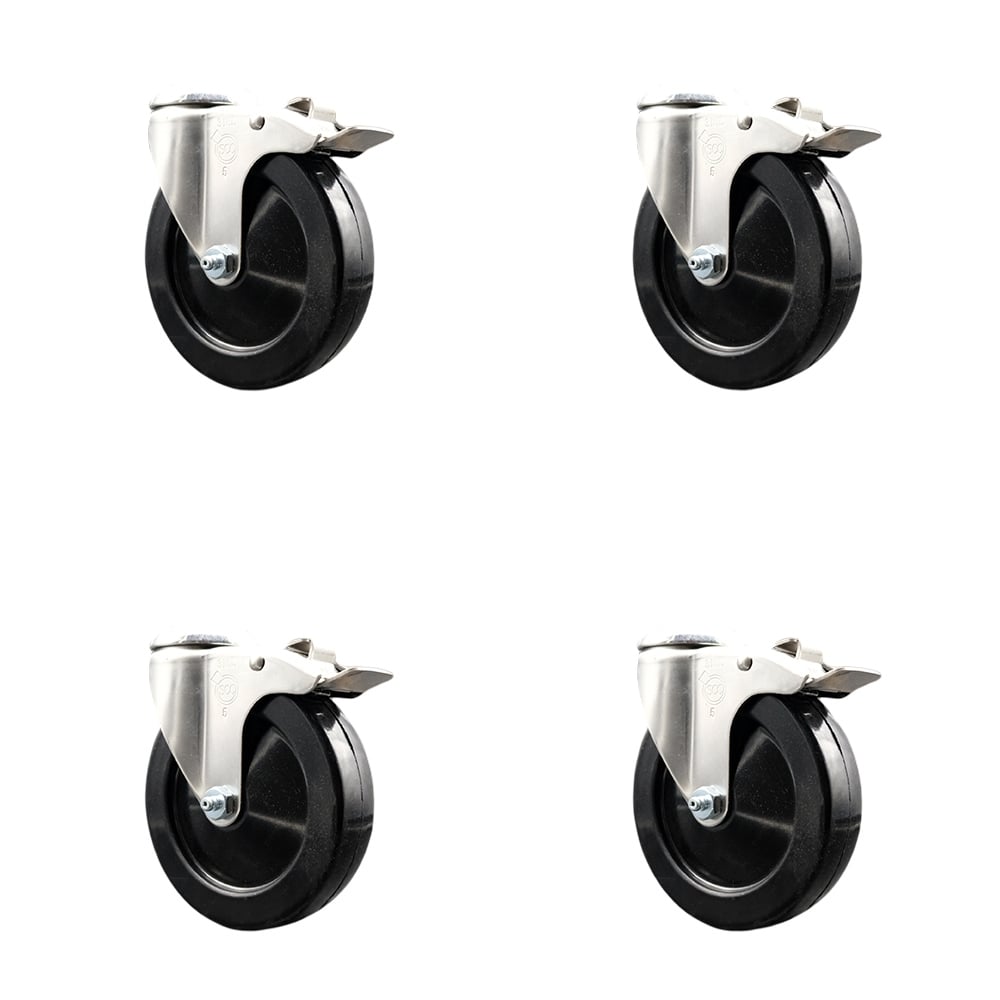 SCC-SS316BHTTL20S514-SRS-4 Soft Rubber Swivel Bolt Hole Caster with 5 in. Black Caster Wheels - 316 Stainless Steel Caster - Set of 4