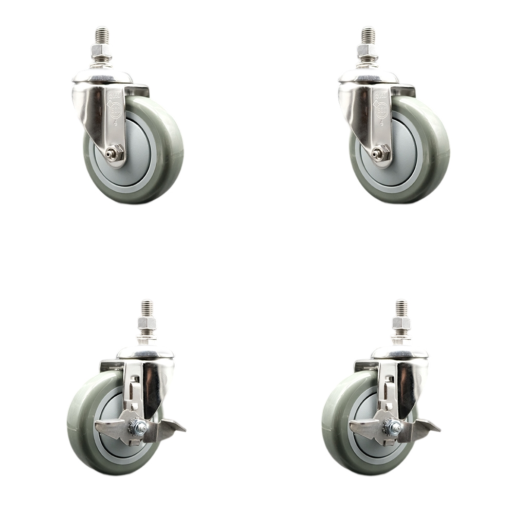 Poly Swivel Stem Caster with 4 in. Gray Caster Wheels, 0.5 in. Threaded Stems - 316 Stainless Steel Casters - Set of 4