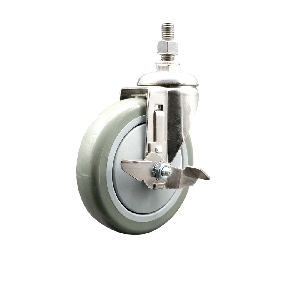Polyurethane Swivel Stem Caster with 5 in. Gray Caster Wheels & Top Lock Brake, 0.5 in. Threaded Stem - 316 Stainless Steel Caster