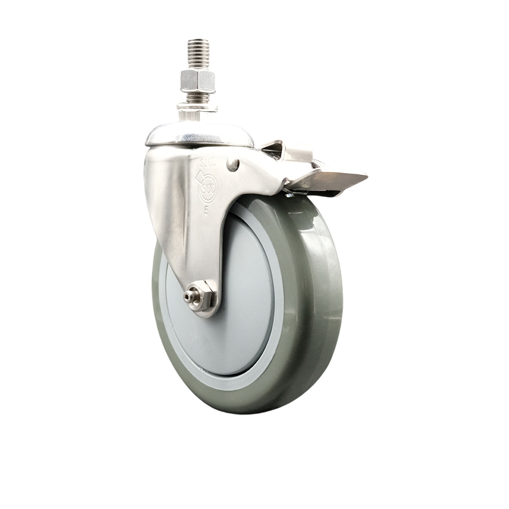 Polyurethane Swivel Stem Caster with 5 in. Gray Caster Wheels & Total Lock Brake, 0.5 in. Threaded Stem - 316 Stainless Steel Caster
