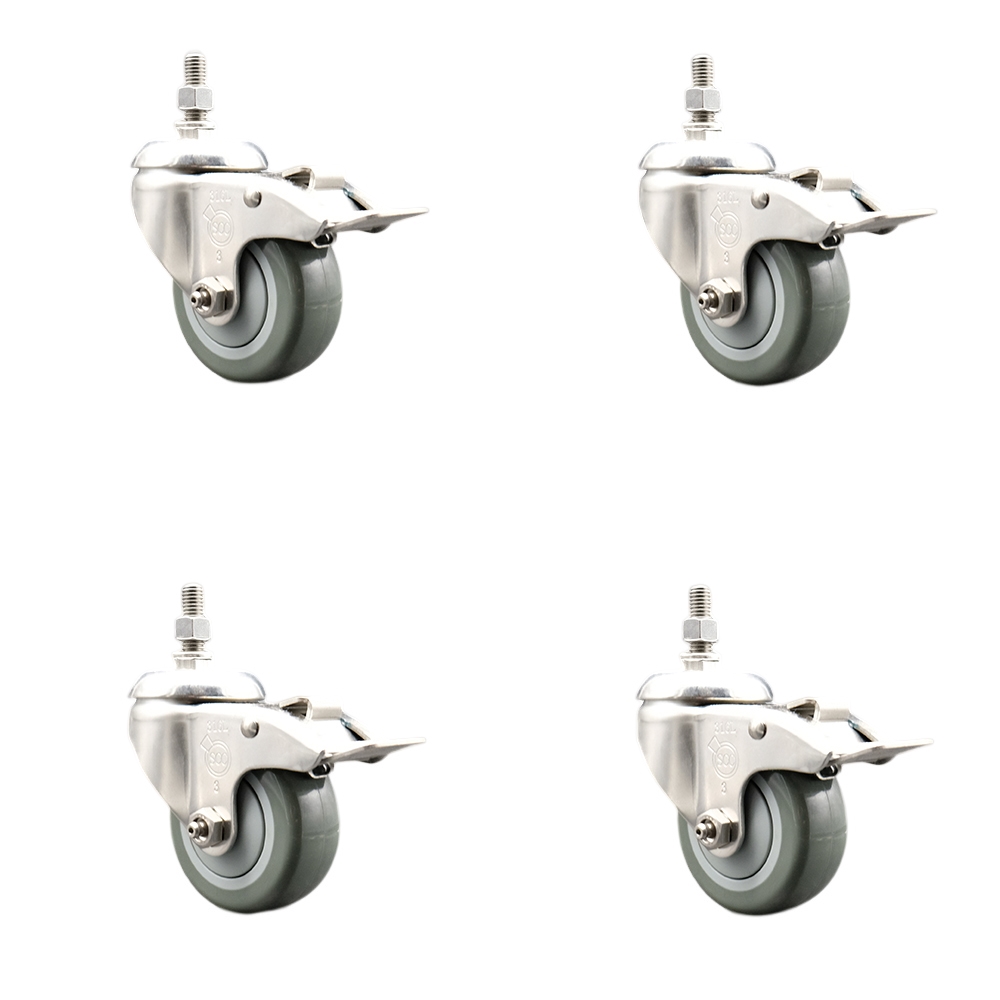 Polyurethane Swivel Stem Caster with 3.5 in. Gray Caster Wheels, 0.38 in. Threaded Stems - 316 Stainless Steel Casters - Set of 4