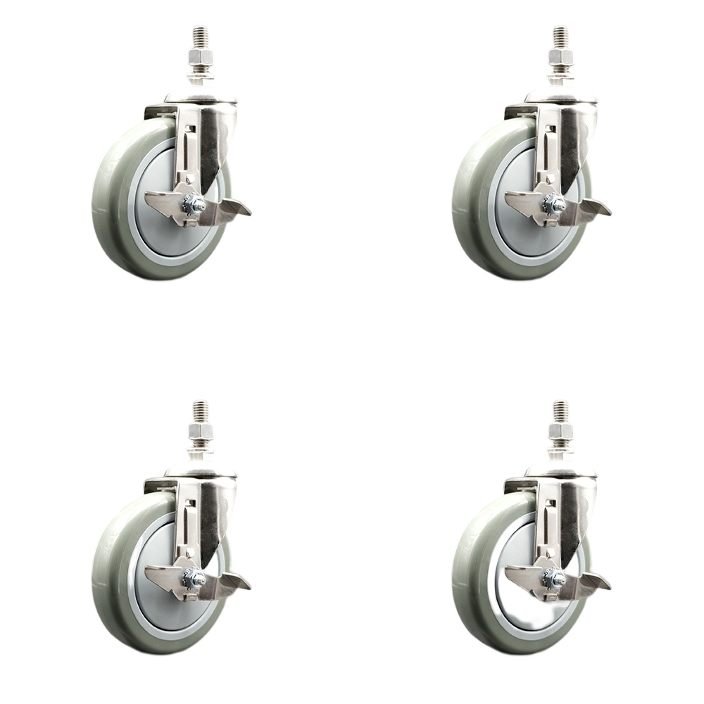 Polyurethane Swivel Stem Caster with 5 in. Gray Caster Wheels, 0.38 in. Threaded Stems - 316 Stainless Steel Casters - Set of 4