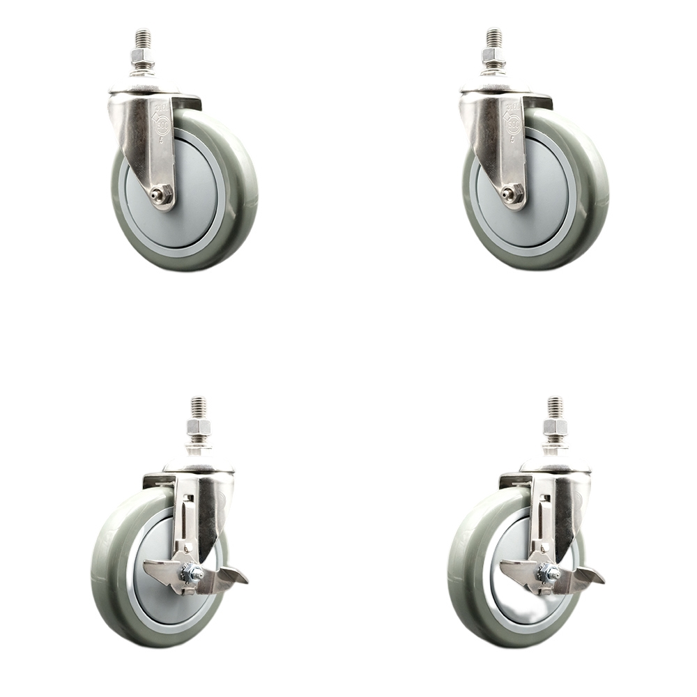 Poly Swivel Stem Caster with 5 in. Gray Caster Wheels, 0.38 in. Threaded Stems - 316 Stainless Steel Casters - Set of 4