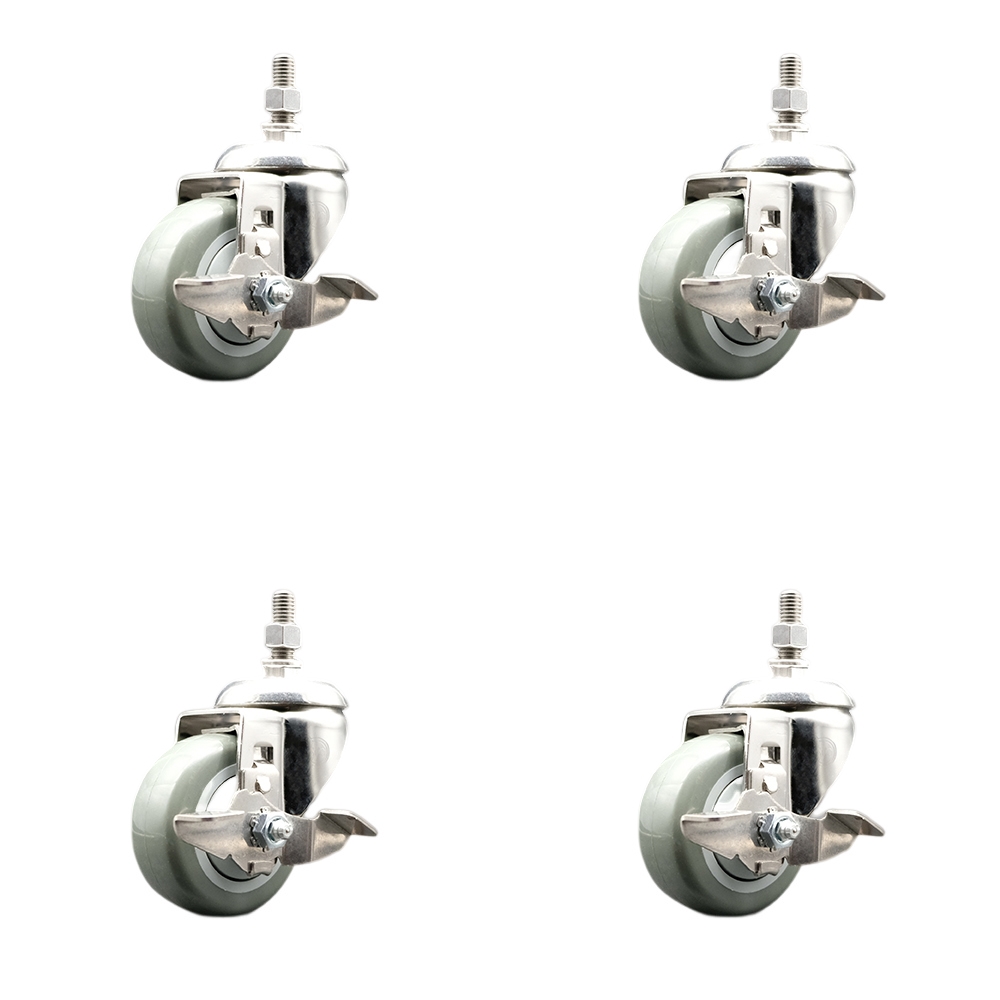 Polyurethane Swivel Stem Caster with 3.5 in. Gray Caster Wheels, 10 mm Threaded Stems - 316 Stainless Steel Casters - Set of 4
