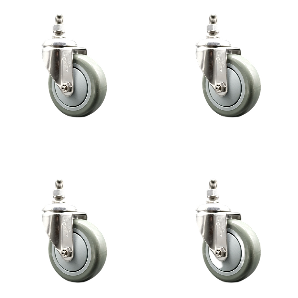 Polyurethane Swivel Stem Caster with 4 in. Gray Caster Wheels, 10 mm Threaded Stems - 316 Stainless Steel Casters - Set of 4