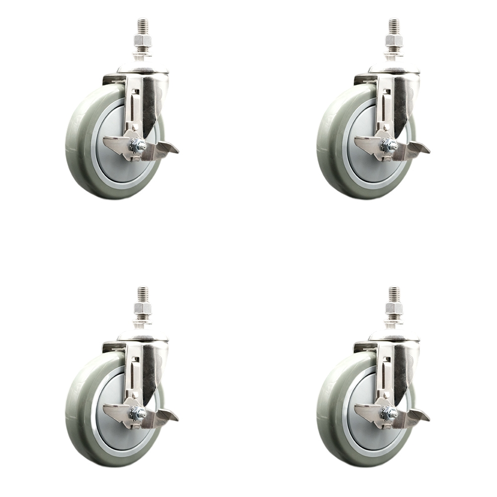 Polyurethane Swivel Stem Caster with 5 in. Gray Caster Wheels, 10 mm Threaded Stems - 316 Stainless Steel Casters - Set of 4