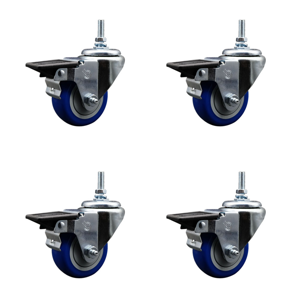 SCC-TS20S314-PPUB-BLUE-PLB-381615-4 Polyurethane Swivel Threaded Stem Caster with 3 x 1.25 in. Blue Wheels & 0.38 in. Stems - Set of 4