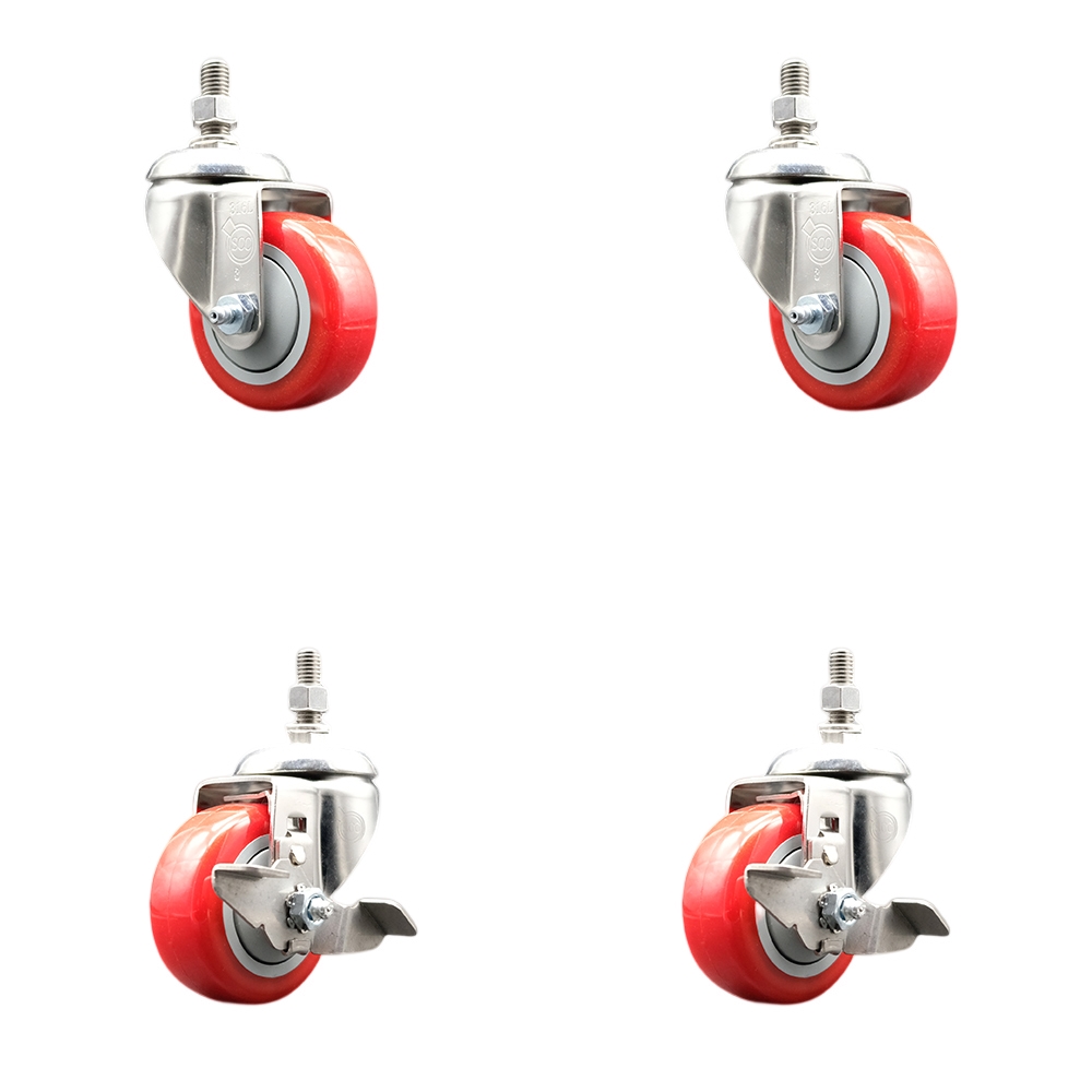 Poly Swivel Stem Caster with 3 in. Red Caster Wheels, 0.5 in. Threaded Stems - 316 Stainless Steel Casters - Set of 4