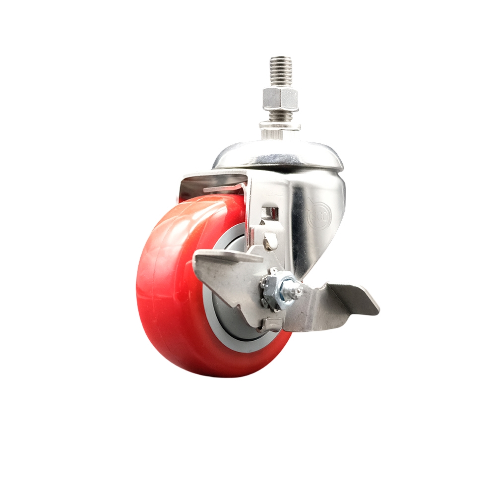 Polyurethane Swivel Stem Caster with 3.5 in. Red Caster Wheels & Top Lock Brake, 0.5 in. Threaded Stem - 316 Stainless Steel Caster