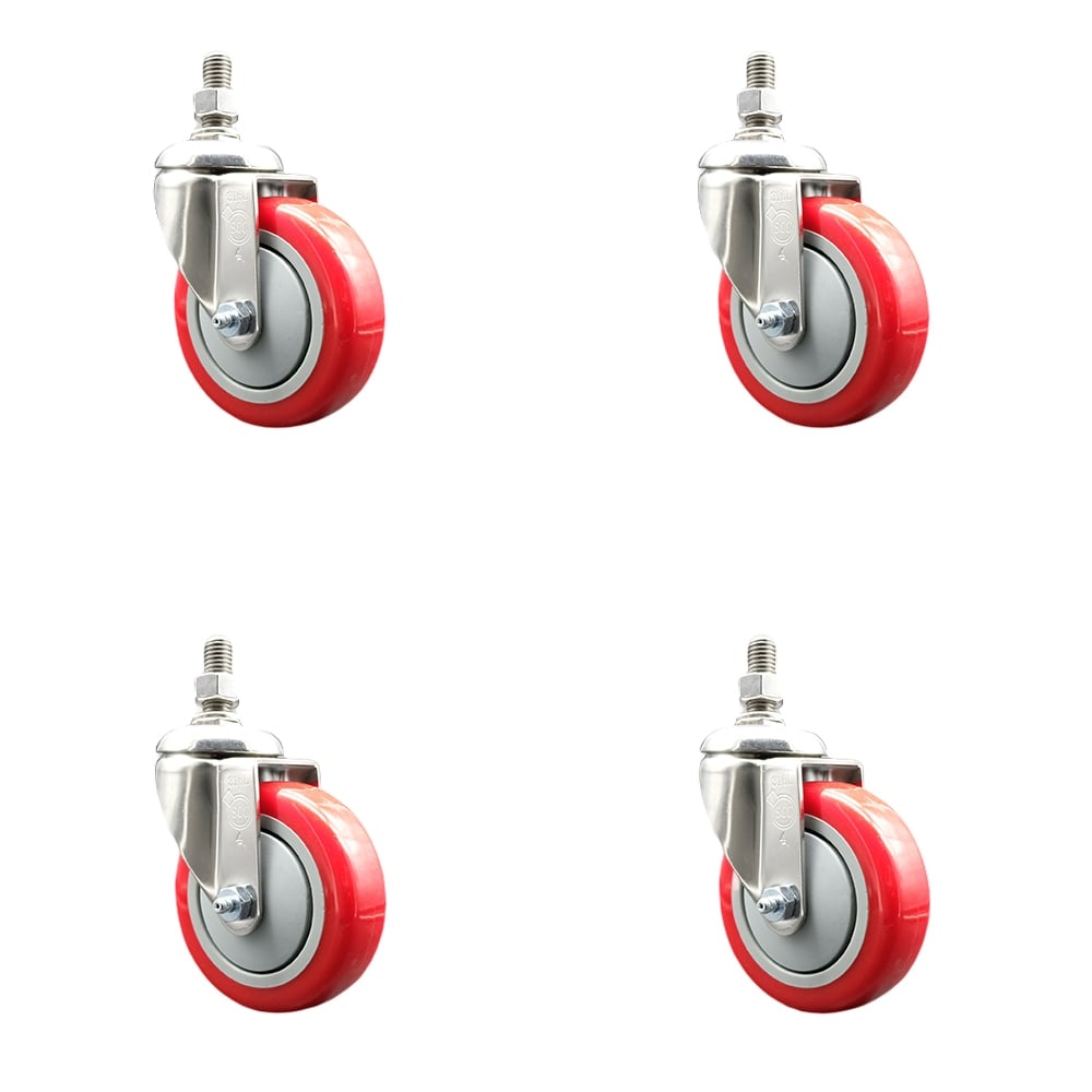 Polyurethane Swivel Stem Caster with 4 in. Red Caster Wheels, 0.5 in. Threaded Stems - 316 Stainless Steel Casters - Set of 4