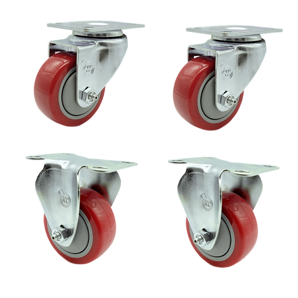 SCC-20S314-PPUB-RED-2-R314-2 Polyurethane Swivel Top Plate Caster with 3 in. Red Wheels - Set of 4