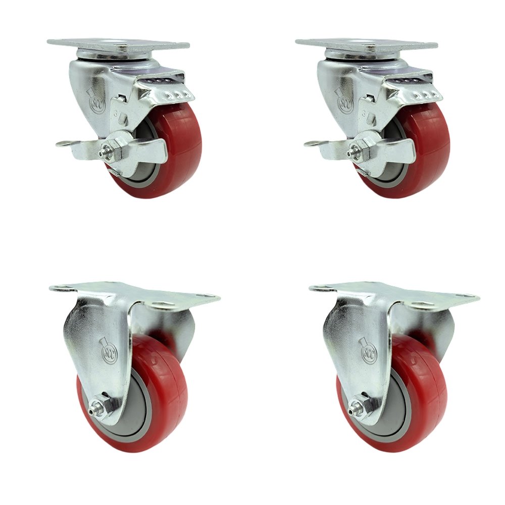 SCC-20S314-PPUB-RED-TLB-2-R314-2 Polyurethane Swivel Top Plate Caster with 3 in. Red Wheels - Set of 4