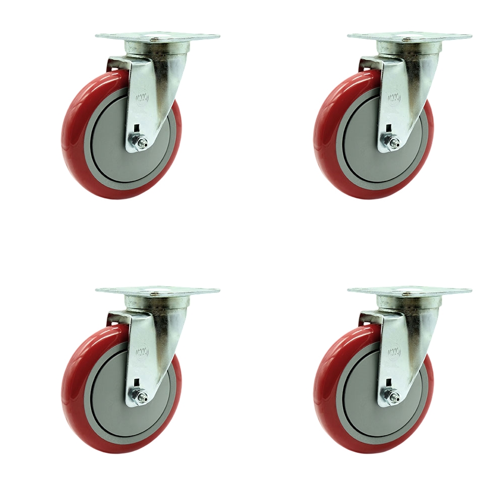 SCC-20S514-PPUB-RED-TPU1-4 Universal Kitchen Casters 5 in. Non Marking Red Polyurethane Wheel 4 Swivel Casters - Set of 4