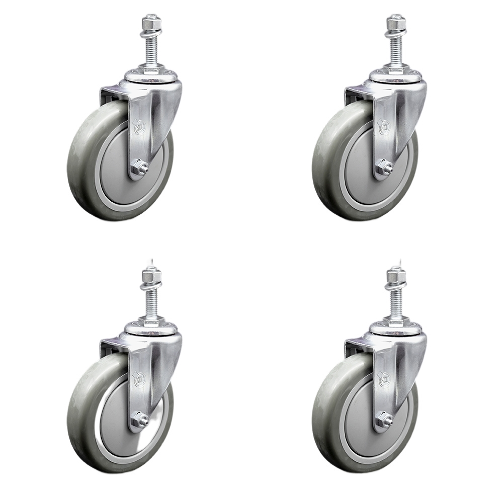 SCC-SSTS20S514-PPUB-381615-4 Stainless Steel Polyurethane Swivel Threaded Stem Caster with 5 x 1.25 in. Gray Wheels & 0.38 in. Stems - Set of 4