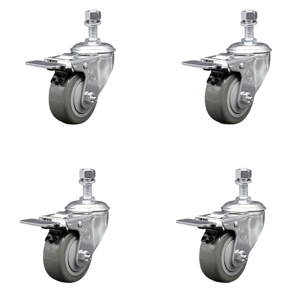 SCC-TSTTL20S314-PPUB-M1215-4 Polyurethane Swivel Threaded Stem Caster with 3 x 1.25 in. Gray Wheels & 12 mm Stems - Set of 4