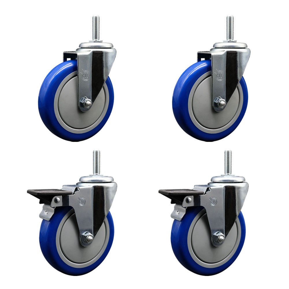 SCC-TS20S514-PPUB-BLUE-58212-2-PLB-2 Polyurethane Swivel Threaded Stem Caster with 5 x 1.25 in. Blue Wheels & 0.63 in. Stems - Set of 4
