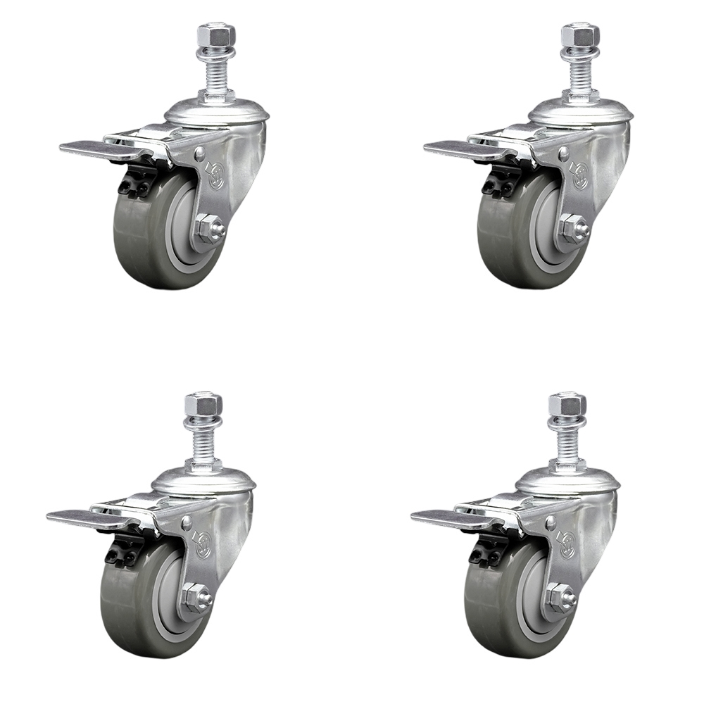 SCC-SSTSTTL20S314-PPUB-M1215-4 Stainless Steel Polyurethane Swivel Threaded Stem Caster with 3 x 1.25 in. Gray Wheels & 12 mm Stems - Set of 4