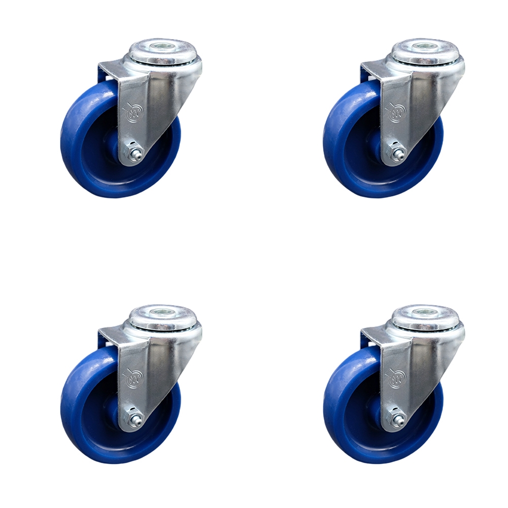 SCC-SSBH20S414-SPUS-4 Stainless Steel Solid Polyurethane Swivel Bolt Hole Caster with 4 x 1.25 in. Blue Wheels - Set of 4