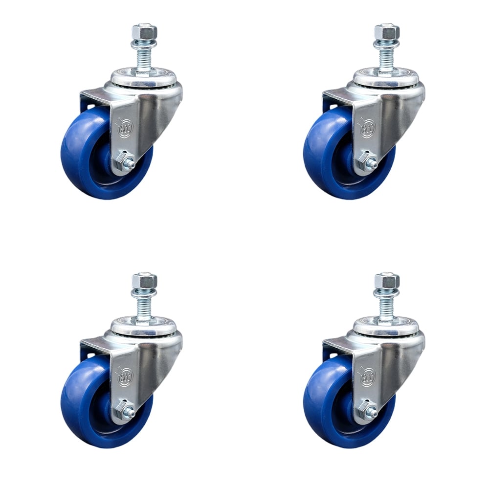 SCC-TS20S314-SPUS-M1215-4 Solid Polyurethane Swivel Threaded Stem Caster with 3 x 1.25 in. Blue Wheels & 12 mm Stems - Set of 4