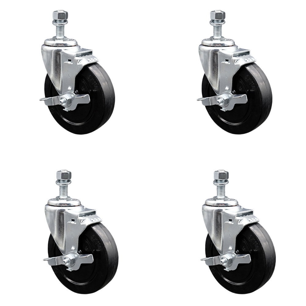 SCC-SSSSTS20S514-SRS-TLB-381615-4 Stainless Steel Soft Rubber Swivel Threaded Stem Caster with 5 x 1.25 in. Black Wheels & 0.38 in. Stems - Set of 4