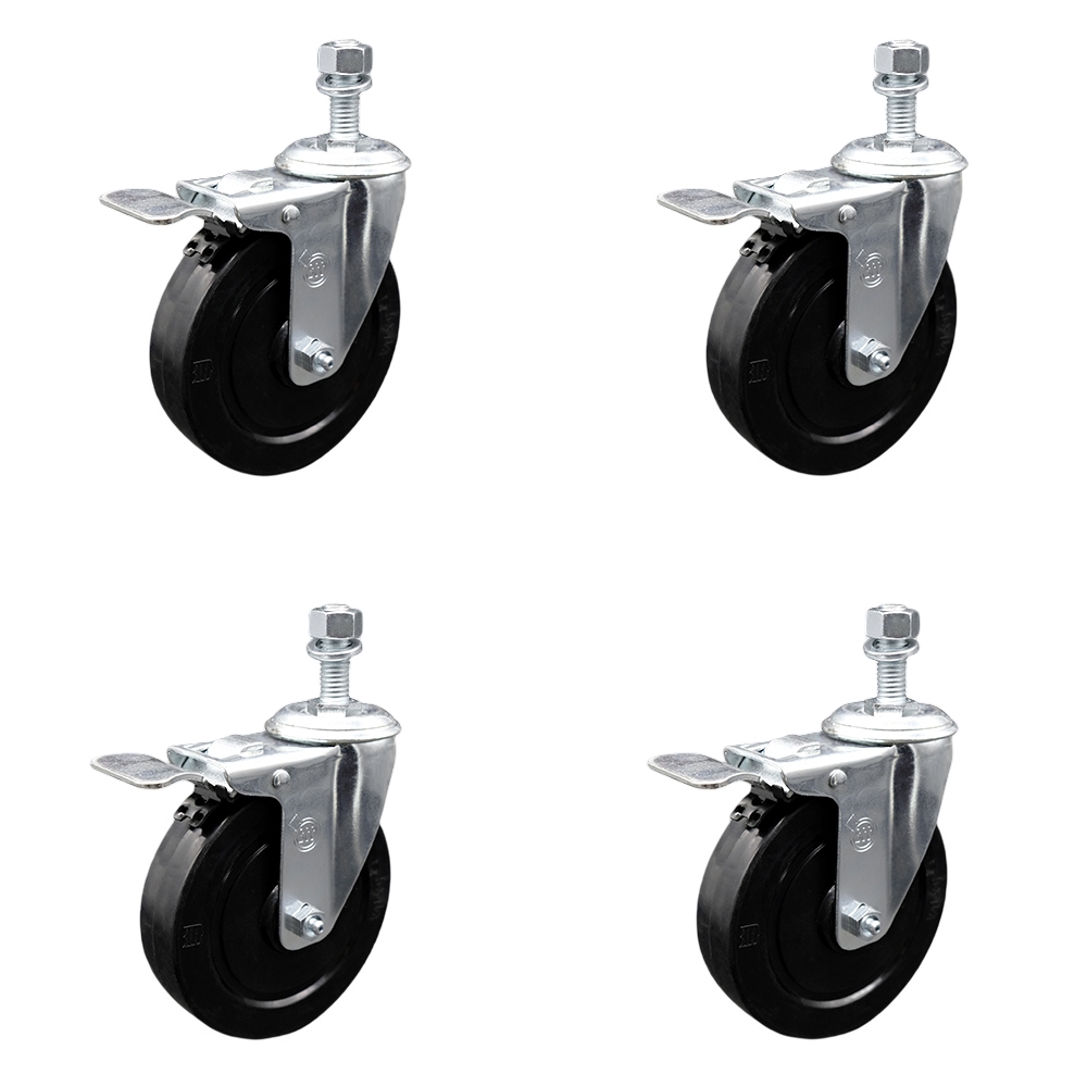 SCC-SSSSTSTTL20S514-SRS-381615-4 Stainless Steel Soft Rubber Swivel Threaded Stem Caster with 5 x 1.25 in. Black Wheels & 0.38 in. Stems - Set of 4