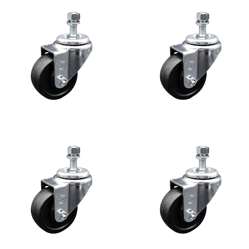SCC-TS20S314-SRS-M1015-4 Soft Rubber Swivel Threaded Stem Caster with 3 x 1.25 in. Black Wheels & 10 mm Stems - Set of 4
