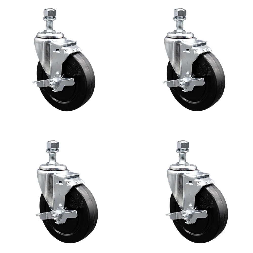 SCC-SSSSTS20S514-SRS-TLB-M1015-4 Stainless Steel Soft Rubber Swivel Threaded Stem Caster with 5 x 1.25 in. Black Wheels & 10 mm Stems - Set of 4