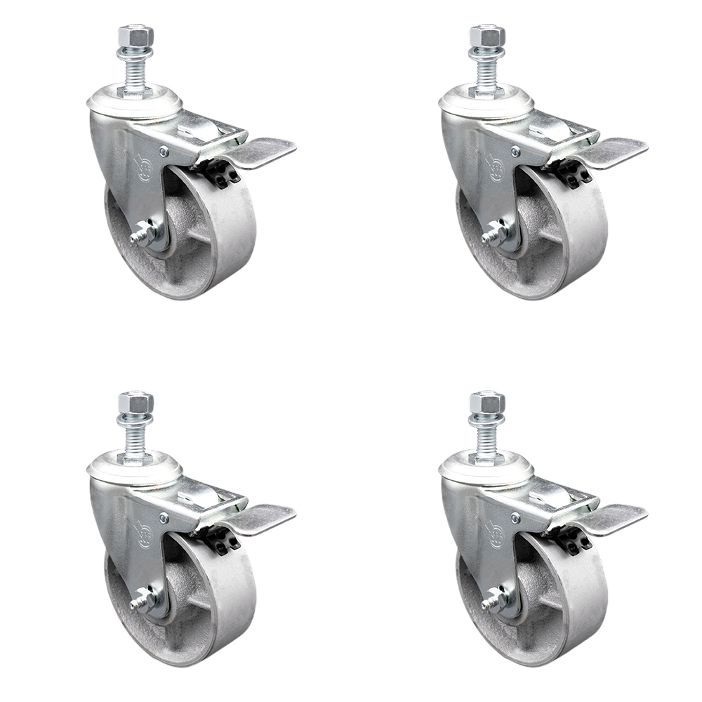 Semi Steel Cast Iron Swivel Threaded Stem Caster with Roller Bearing, 4 x 1.5 in. Silver Wheels & 0.5 in. Stems - Set of 4