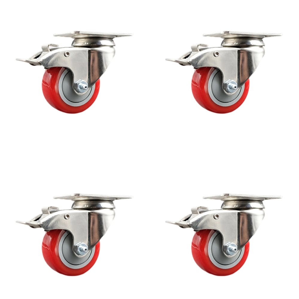 SCC-SS316TTL20S3514-PPUB-RED-4 Polyurethane Swivel Top Plate Caster with 3.5 in. 316 Stainless Steel Red Wheels - Set of 4