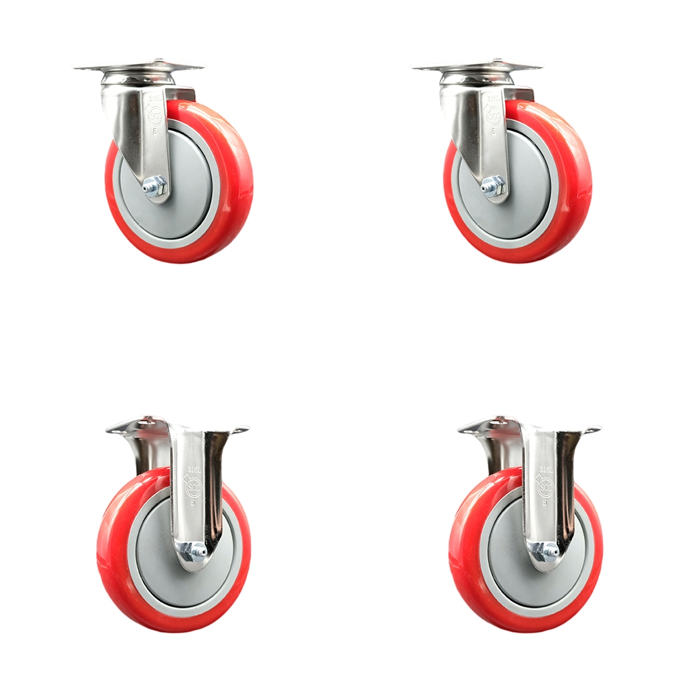 SCC-SS31620S514-PPUB-RED-2-R-2 Polyurethane Swivel Top Plate Caster with 5 in. 316 Stainless Steel Red Wheels - Set of 4