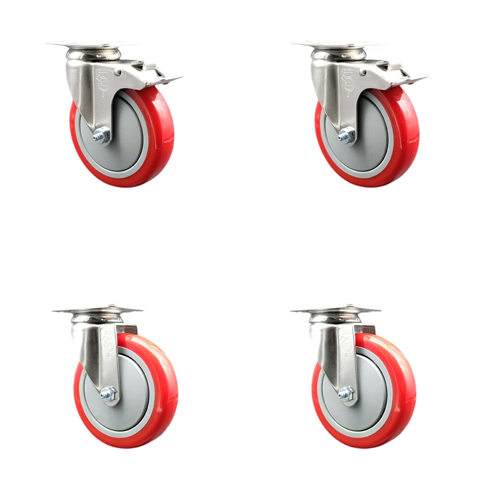 SCC-SS316TTL20S514-PPUB-RED-2-S-2 Polyurethane Swivel Top Plate Caster with 5 in. 316 Stainless Steel Red Wheels - Set of 4