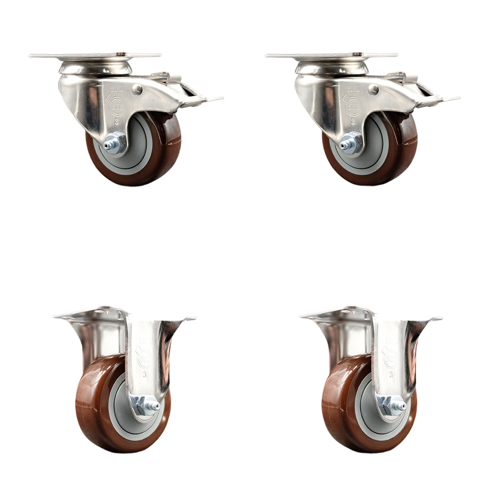 SCC-SS316TTL20S3514-PPUB-MRN-2-R-2 Polyurethane Swivel Top Plate Caster with 3.5 in. 316 Stainless Steel Maroon Wheels - Set of 4