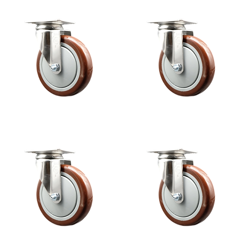 SCC-SS31620S514-PPUB-MRN-4 Polyurethane Swivel Top Plate Caster with 5 in. 316 Stainless Steel Maroon Wheels - Set of 4