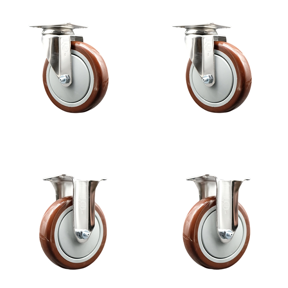 SCC-SS31620S514-PPUB-MRN-2-R-2 Polyurethane Swivel Top Plate Caster with 5 in. 316 Stainless Steel Maroon Wheels - Set of 4
