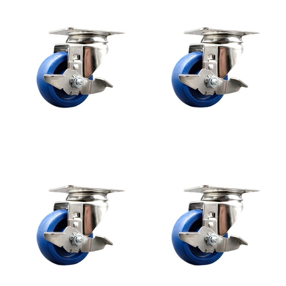 SCC-SS31620S314-SPUS-TLB-4 Solid Poly Swivel Top Plate Caster with 3 in. Blue Caster Wheels - 316 Stainless Steel Caster - Set of 4