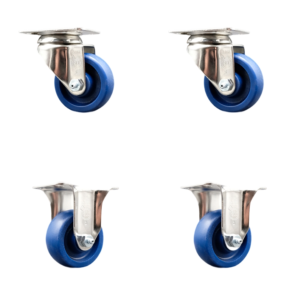 SCC-SS31620S3514-SPUS-2-R-2 Solid Polyurethane Swivel Top Plate Caster with 3.5 in. 316 Stainless Steel Blue Wheels - Set of 4