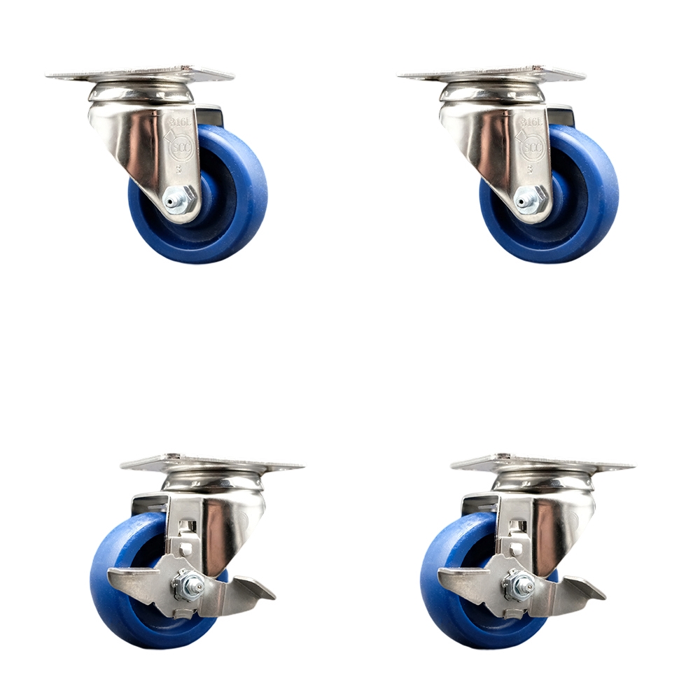 SCC-SS31620S3514-SPUS-2-TLB-2 Solid Polyurethane Swivel Top Plate Caster with 3.5 in. 316 Stainless Steel Blue Wheels - Set of 4