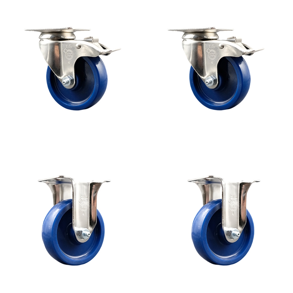 SCC-SS316TTL20S414-SPUS-2-R-2 Solid Polyurethane Swivel Top Plate Caster with 4 in. 316 Stainless Steel Blue Wheels - Set of 4