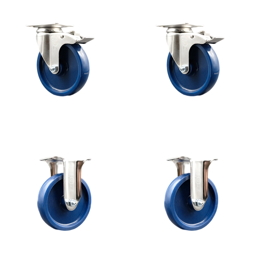 SCC-SS316TTL20S514-SPUS-2-R-2 Solid Polyurethane Swivel Top Plate Caster with 5 in. 316 Stainless Steel Blue Wheels - Set of 4