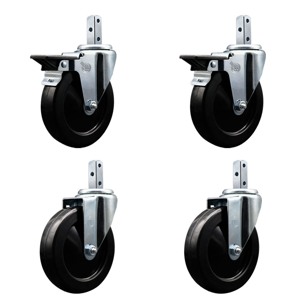 Swivel Square Stem Caster with 5 x 1.25 in. Black Hard Rubber Wheel, 0.75 x 2 in. Square Stem with 3 0.26 in. Diameter Mounting Holes - Set of 4