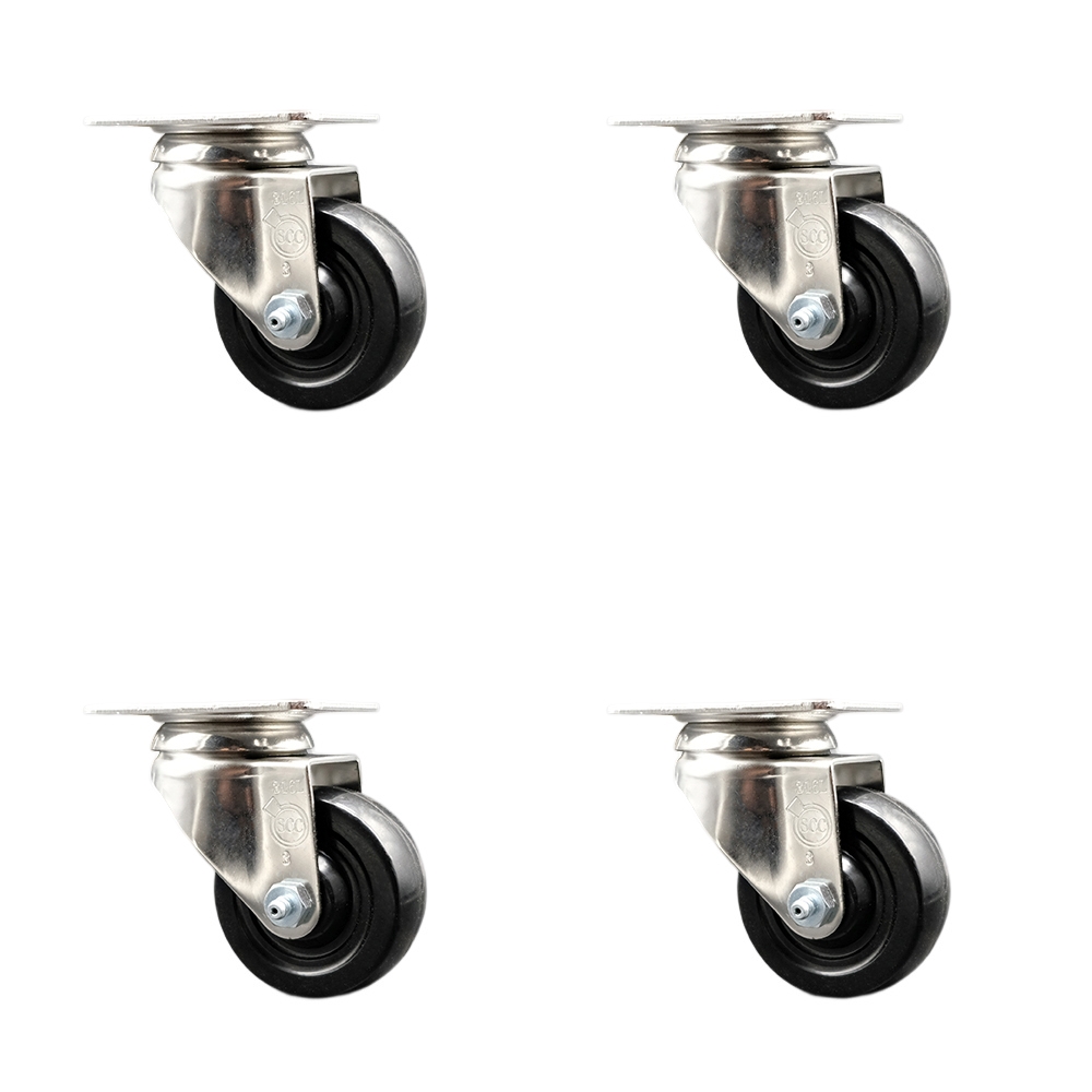 SCC-SS31620S314-SRS-4 Soft Rubber Swivel Top Plate Caster with 3 in. Black Caster Wheels - 316 Stainless Steel Casters - Set of 4