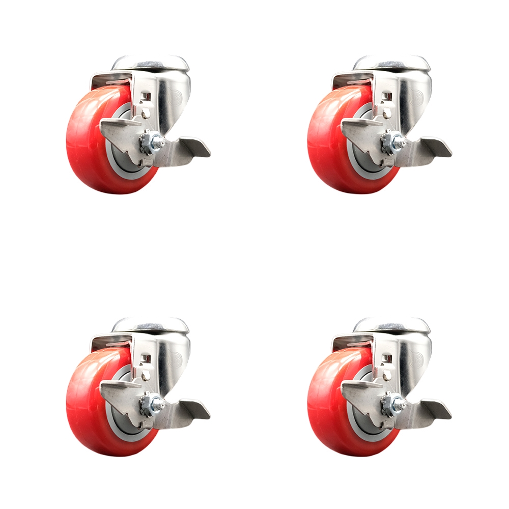 SCC-SS316BH20S314-PPUB-RED-TLB-4 Polyurethane Swivel Bolt Hole Caster with 3 in. Red Caster Wheels - 316 Stainless Steel Casters - Set of 4