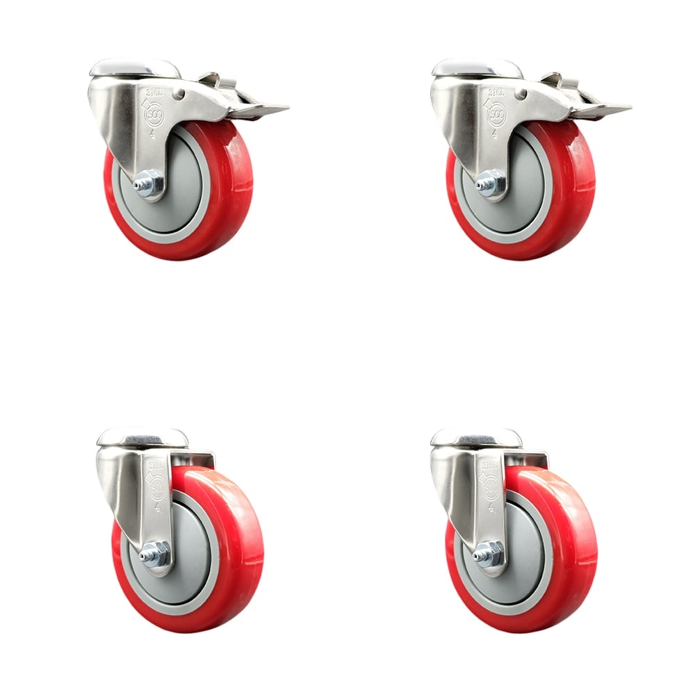 SCC-SS316BHTTL20S414-PPUB-RED-2-S-2 Polyurethane Swivel Bolt Hole Caster with 4 in. Red Caster Wheels - 316 Stainless Steel Casters - Set of 4