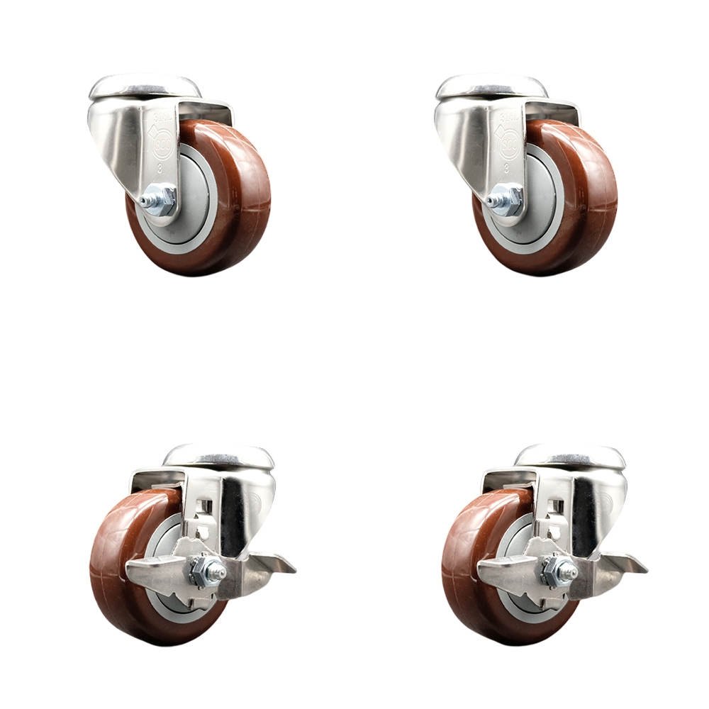 SCC-SS316BH20S314-PPUB-MRN-2-TLB-2 Polyurethane Swivel Bolt Hole Caster with 3 in. Maroon Caster Wheels - 316 Stainless Steel Casters - Set of 4