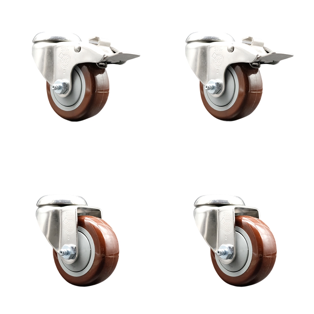 SCC-SS316BHTTL20S3514-PPUB-MRN-2-S-2 Polyurethane Swivel Bolt Hole Caster with 3.5 in. Maroon Caster Wheels - 316 Stainless Steel Casters - Set of 4